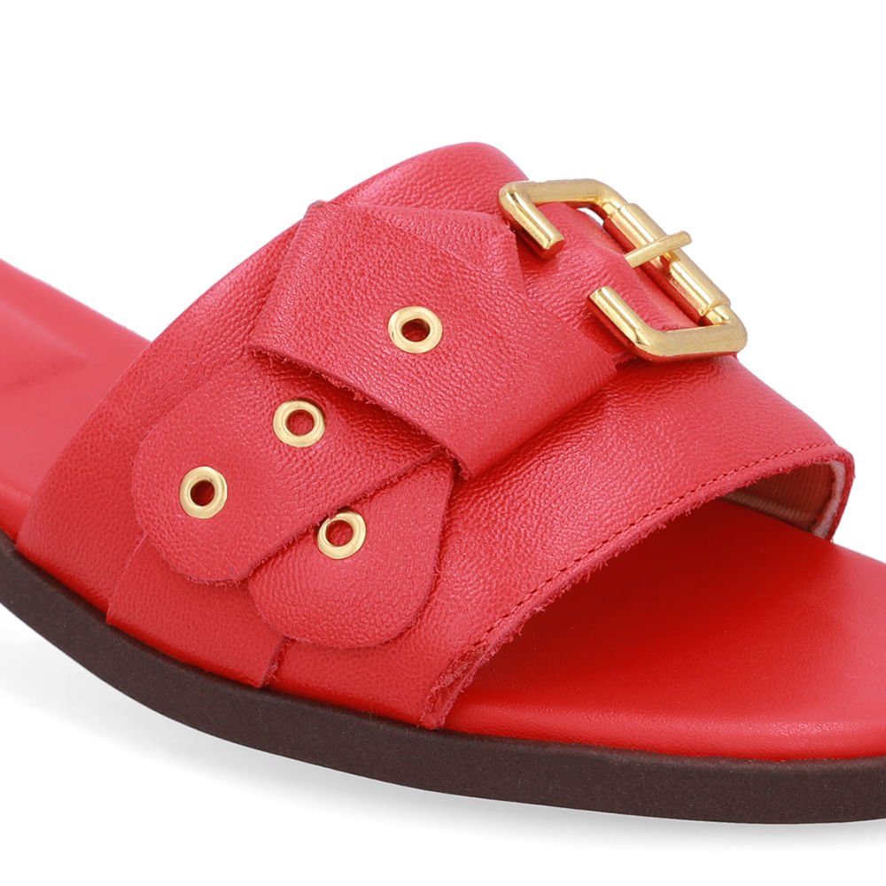 Rasteira Bico Quadrado Couro Vermelha Fivela Vermelho 4