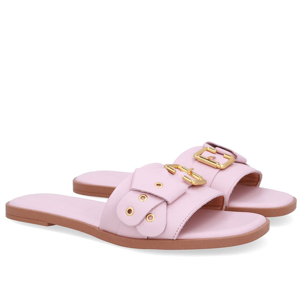 Rasteira Bico Quadrado Couro Rosa Fivela Rosa 2