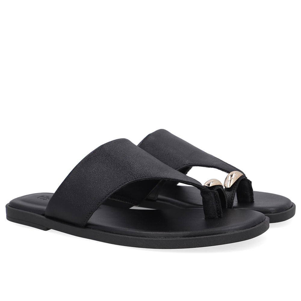 Rasteira Couro Preta Detalhe Dourado Preto/Dourado 2