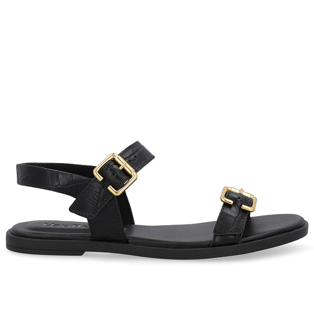 Sandália Couro Croco Preta Detalhe Fivela