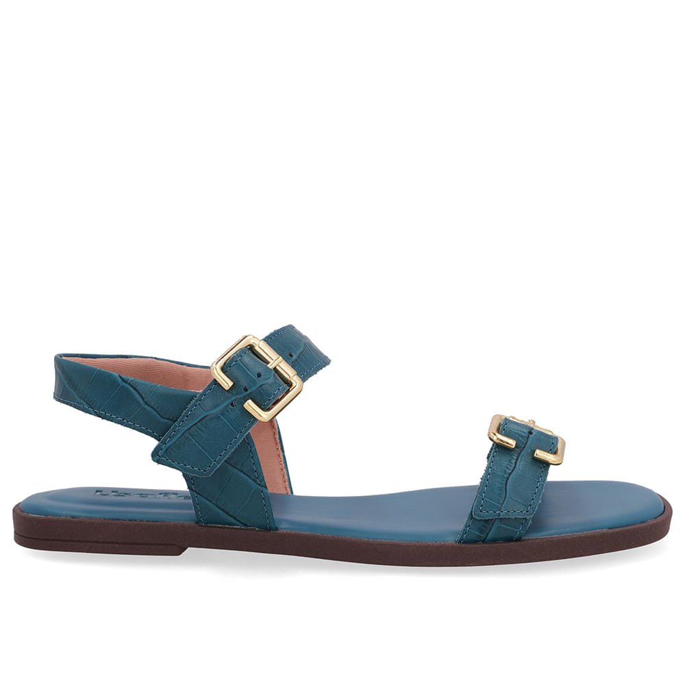 Sandália Couro Croco Azul Detalhe Fivela