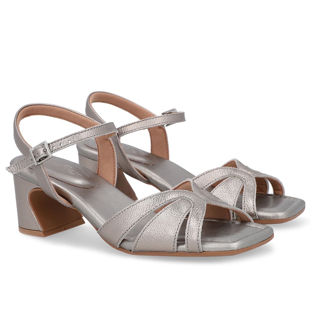 Sandália Couro Metalizado Aço Bico Quadrado Prata 3