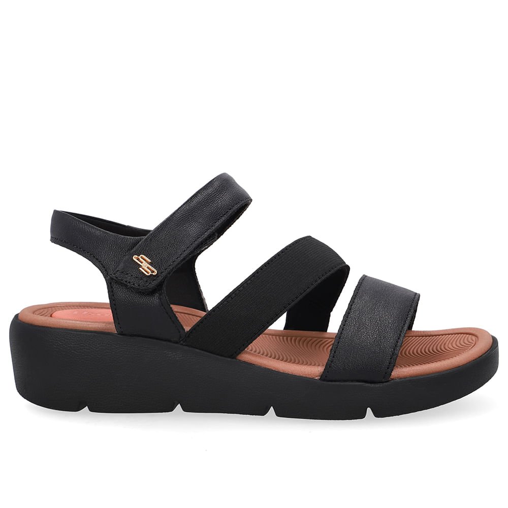 Sandália Tiras Couro Preta Fecho-Flex