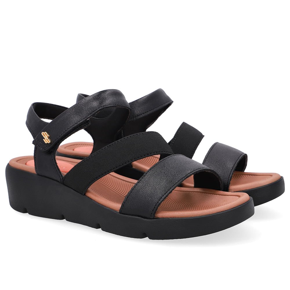 Sandália Tiras Couro Preta Fecho-Flex Preto 2