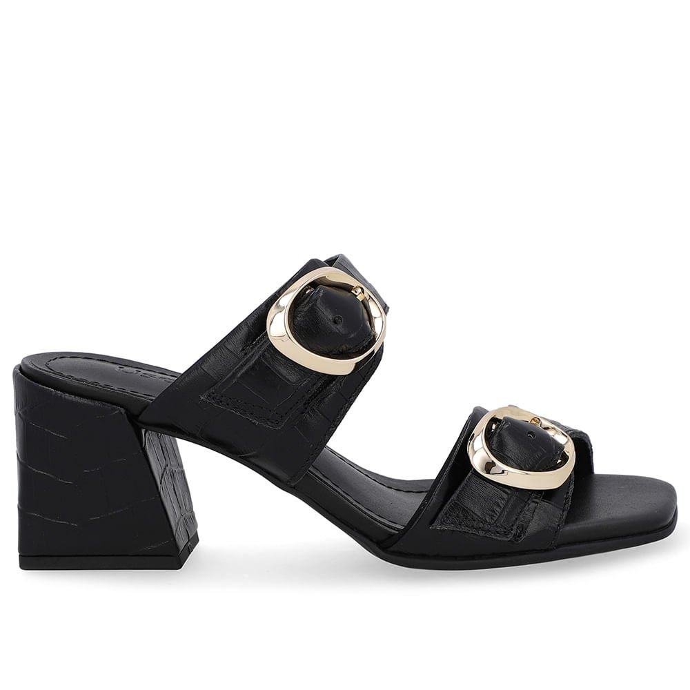 Tamanco Salto Bloco Couro Croco Preto