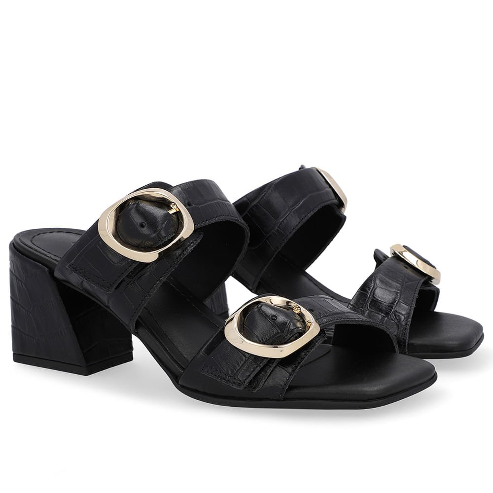 Tamanco Salto Bloco Couro Croco Preto Preto 2