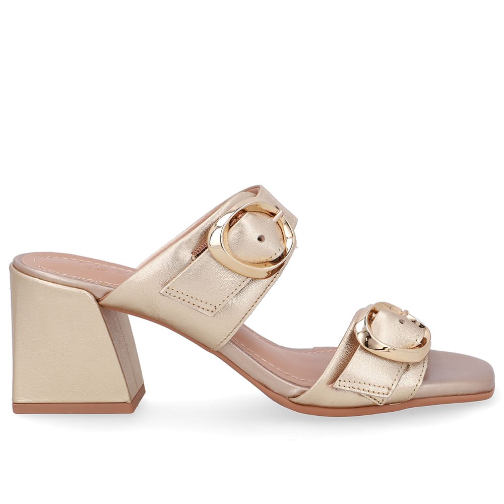 Tamanco Salto Bloco Couro Dourado