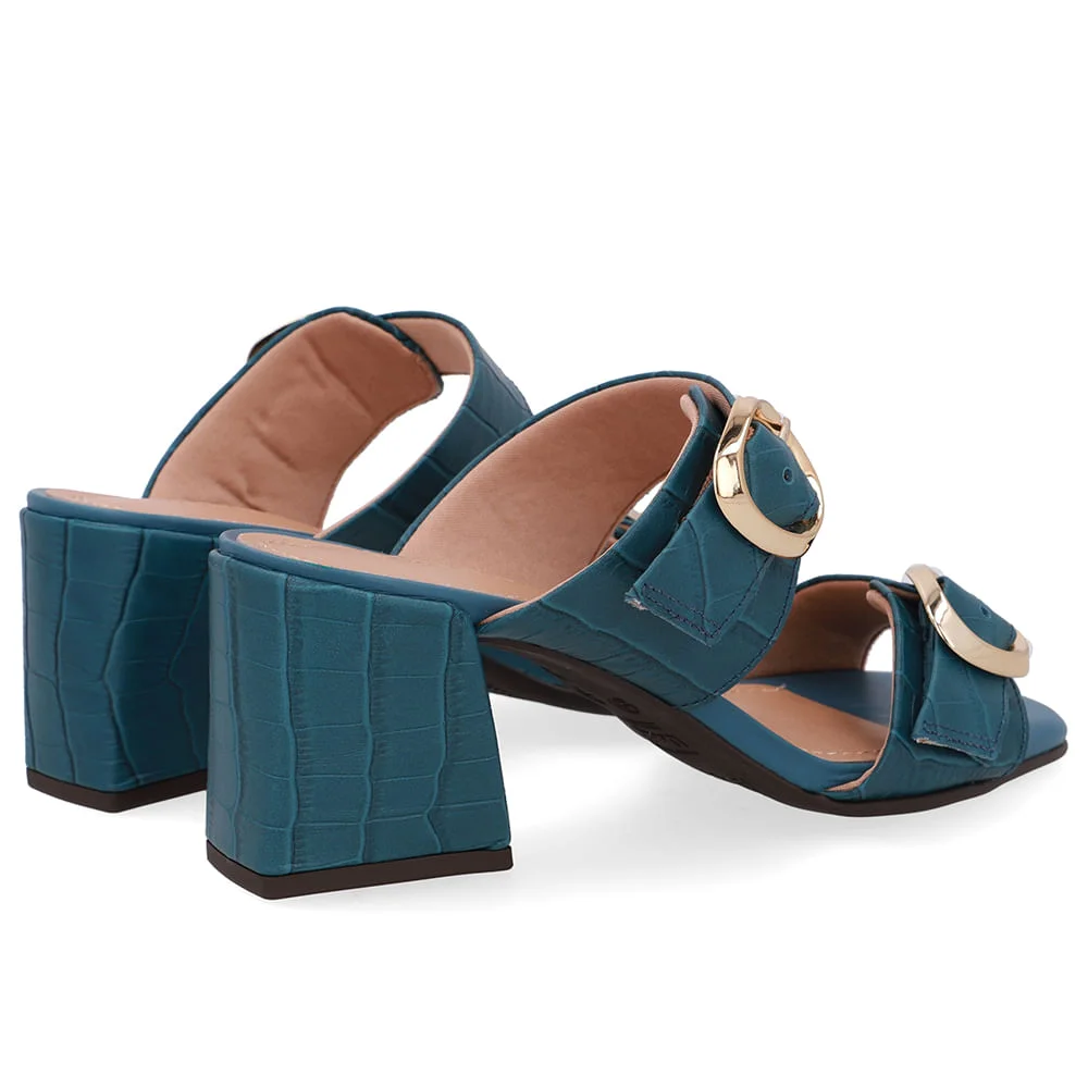 Tamanco Salto Bloco Couro Croco Azul Azul 3