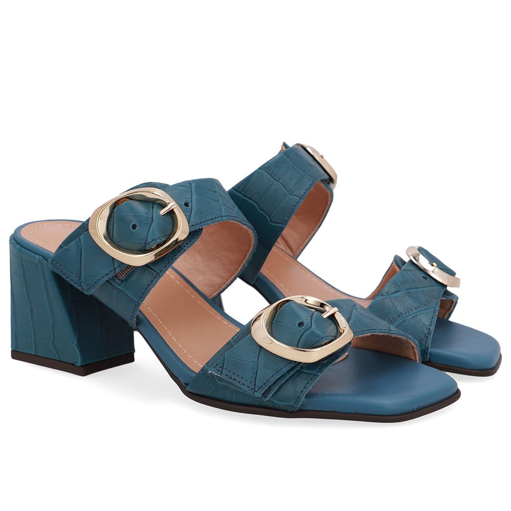 Tamanco Salto Bloco Couro Croco Azul Azul 2