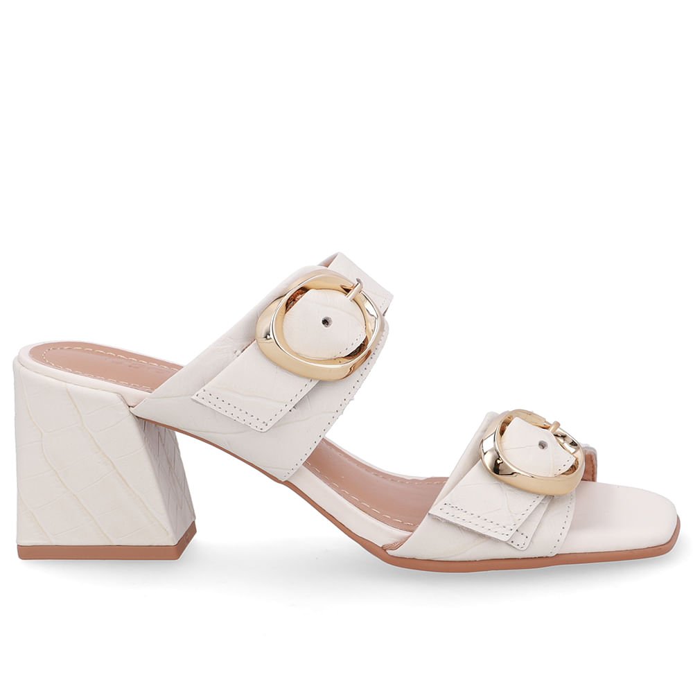 Tamanco Salto Bloco Couro Croco Branco Marfim