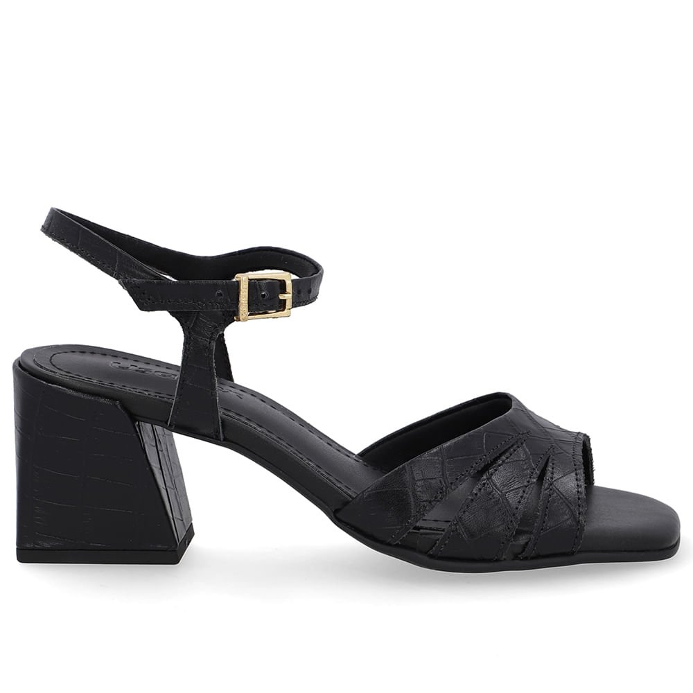 Sandália Salto Bloco Couro Croco Preta
