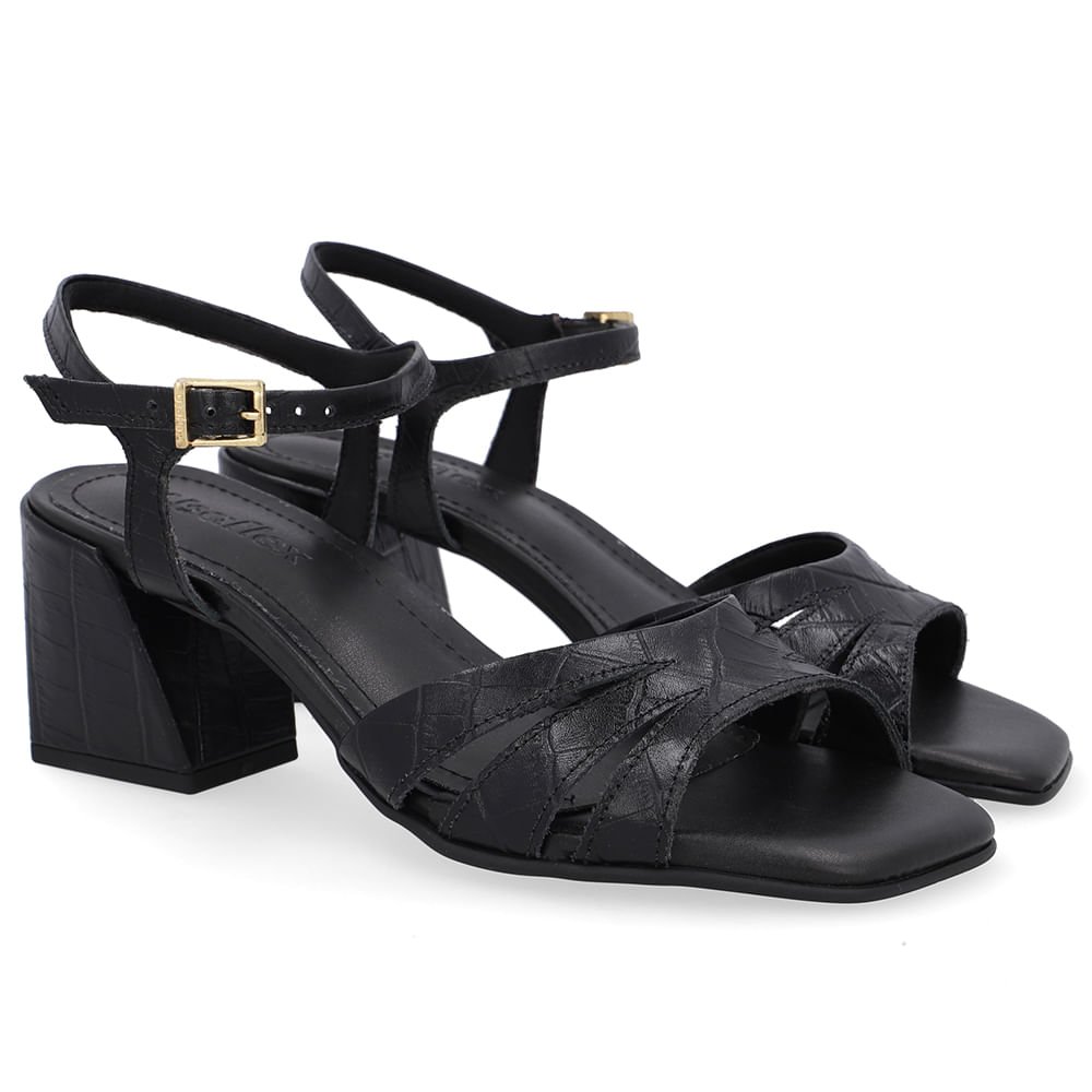 Sandália Salto Bloco Couro Croco Preta Preto 2