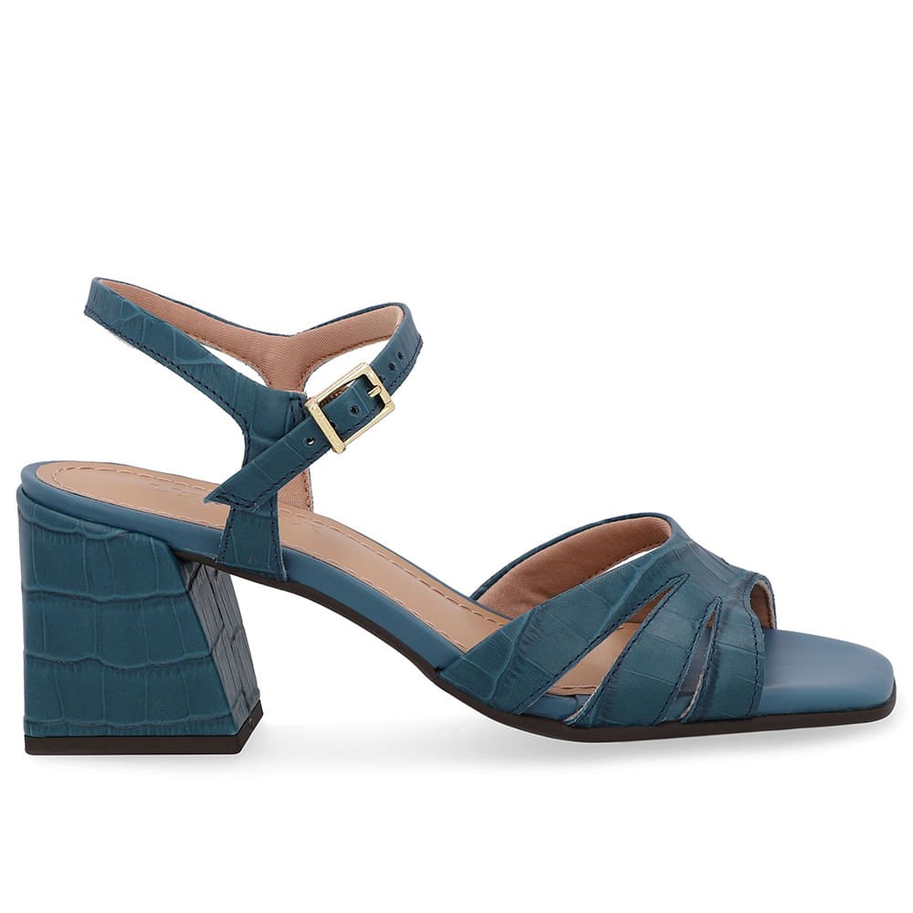 Sandália Salto Bloco Couro Croco Azul