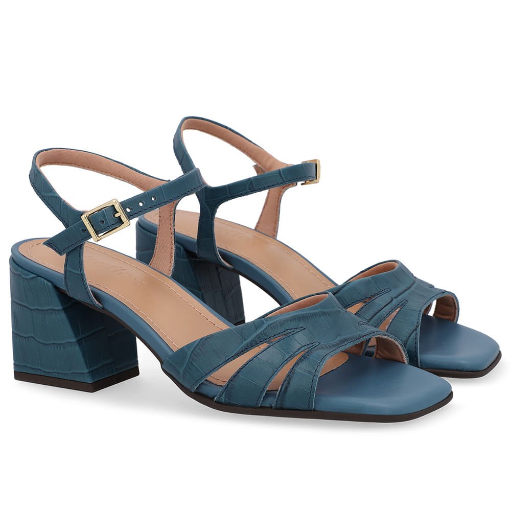 Sandália Salto Bloco Couro Croco Azul Azul 2