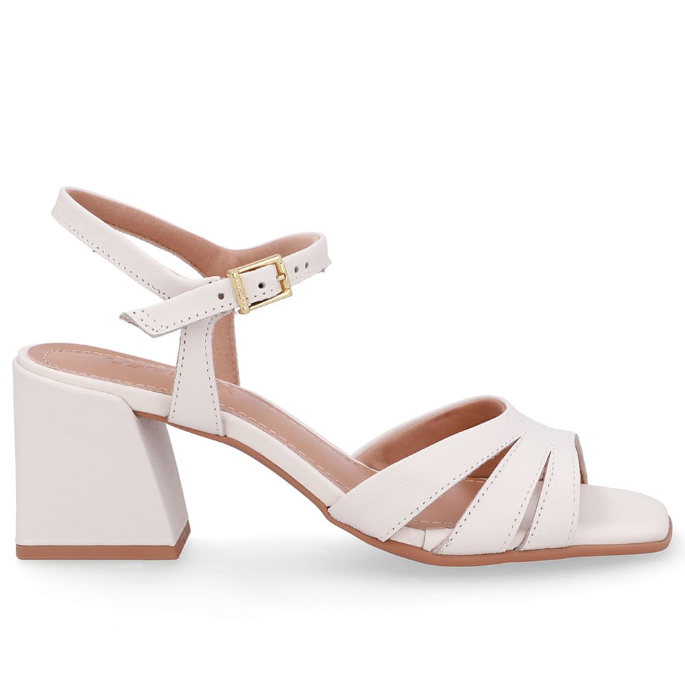 Sandália Salto Bloco Couro Branca Marfim