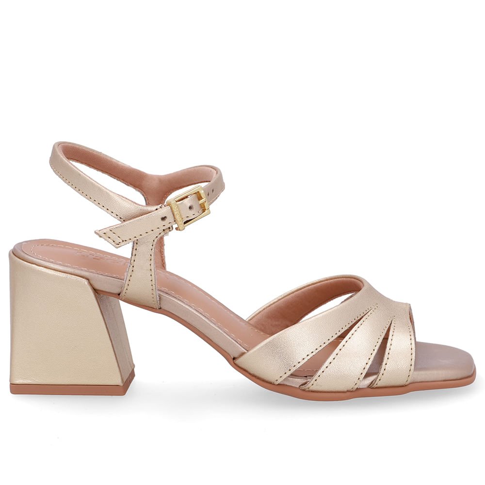 Sandália Salto Bloco Couro Dourada