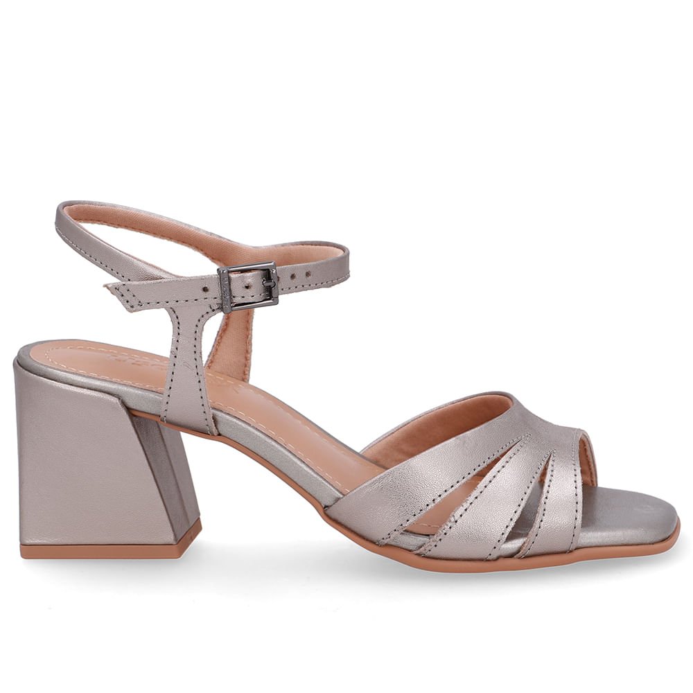 Sandália Salto Bloco Couro Aço