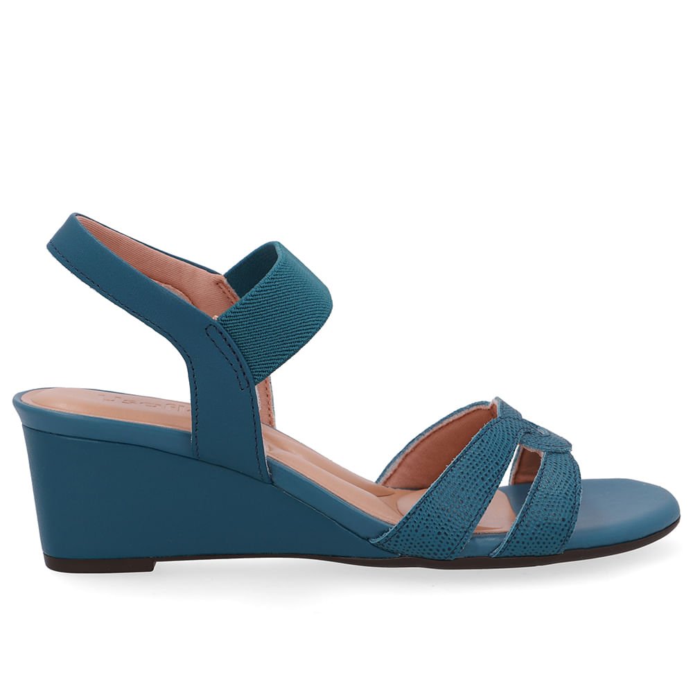 Sandália Salto Anabela Azul Tira Elástico