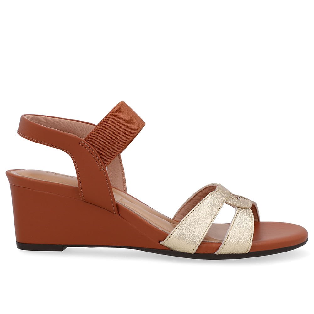 Sandália Salto Anabela Dourada Tira Elástico