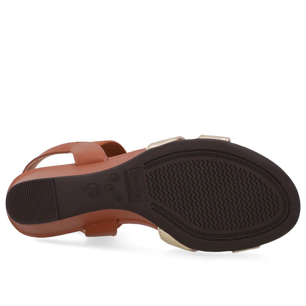 Sandália Salto Anabela Dourada Tira Elástico Marrom/Dourado 5