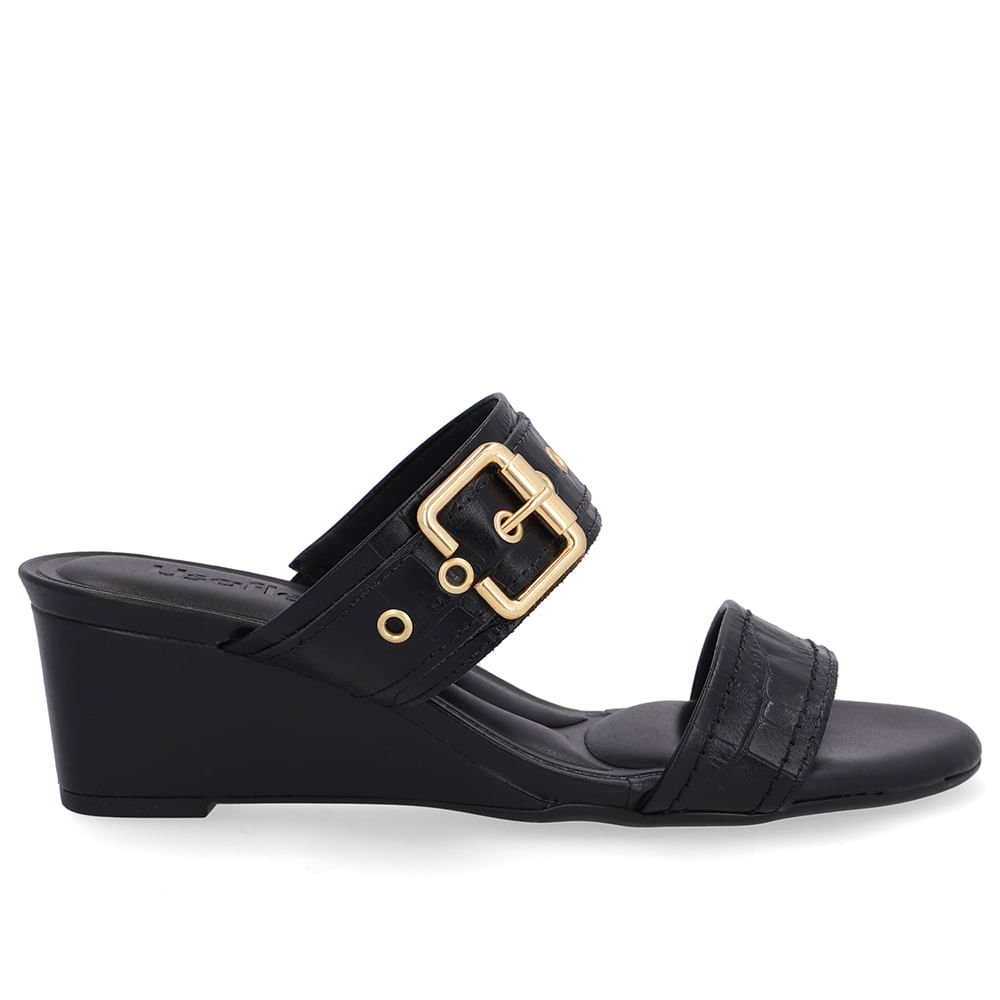 Tamanco Salto Anabela Couro Croco Preto Fivela