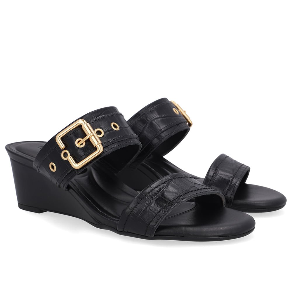 Tamanco Salto Anabela Couro Croco Preto Fivela Preto 2