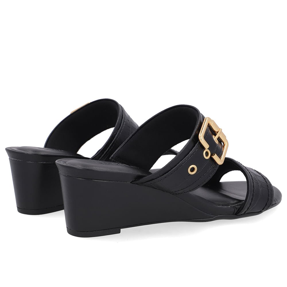 Tamanco Salto Anabela Couro Croco Preto Fivela Preto 3