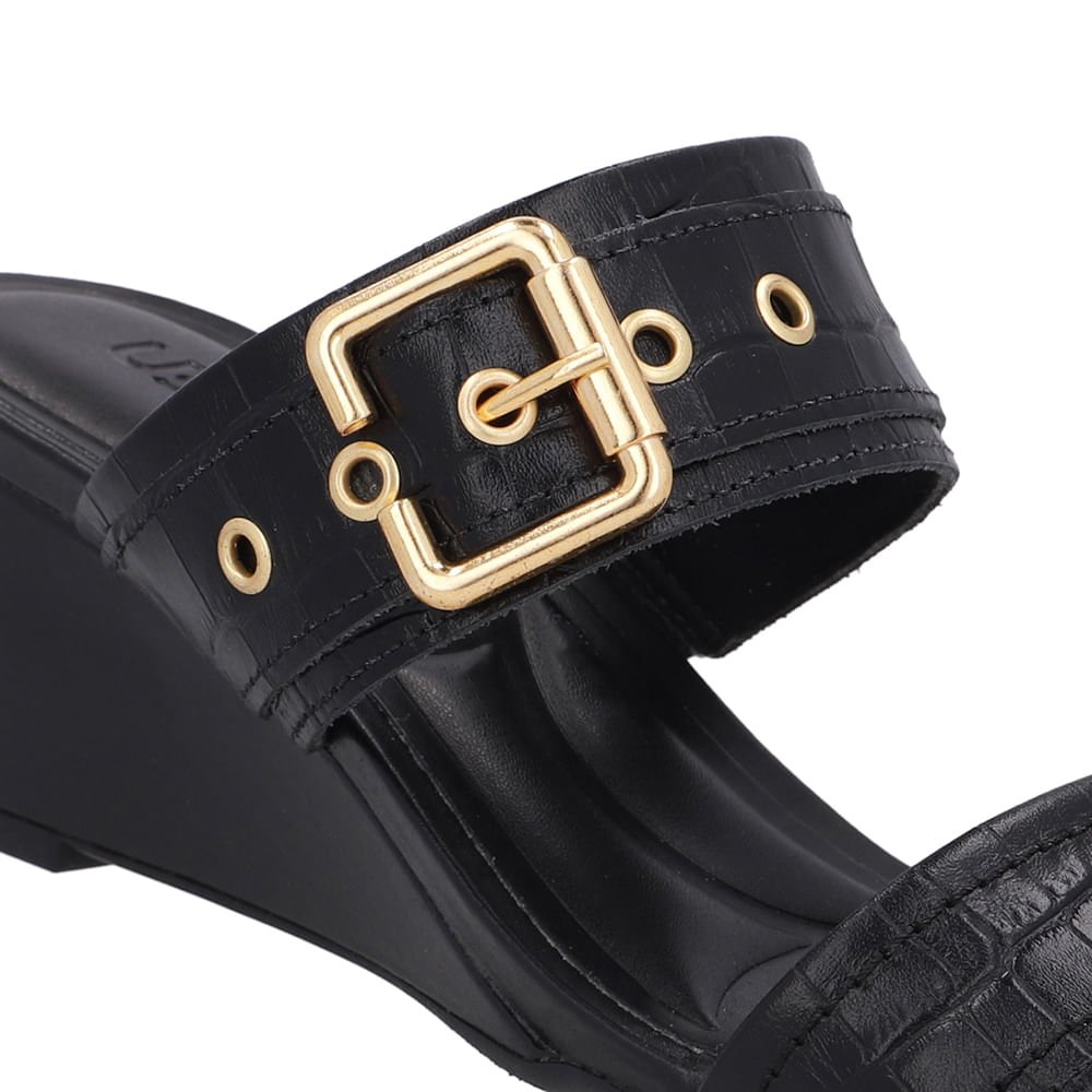 Tamanco Salto Anabela Couro Croco Preto Fivela Preto 4