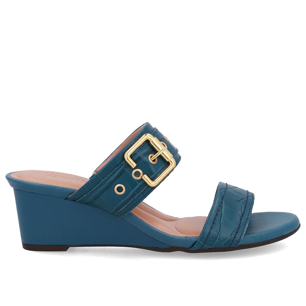 Tamanco Salto Anabela Couro Croco Azul Fivela