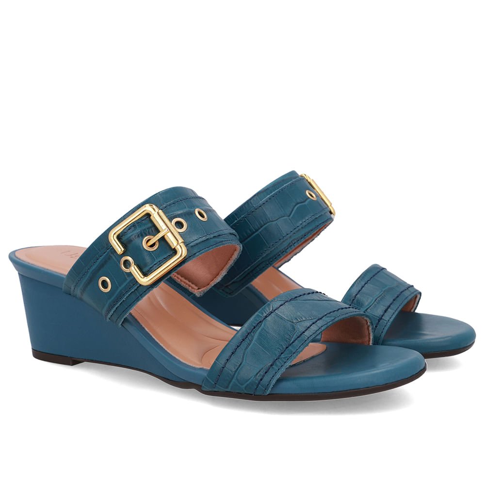 Tamanco Salto Anabela Couro Croco Azul Fivela Azul 2