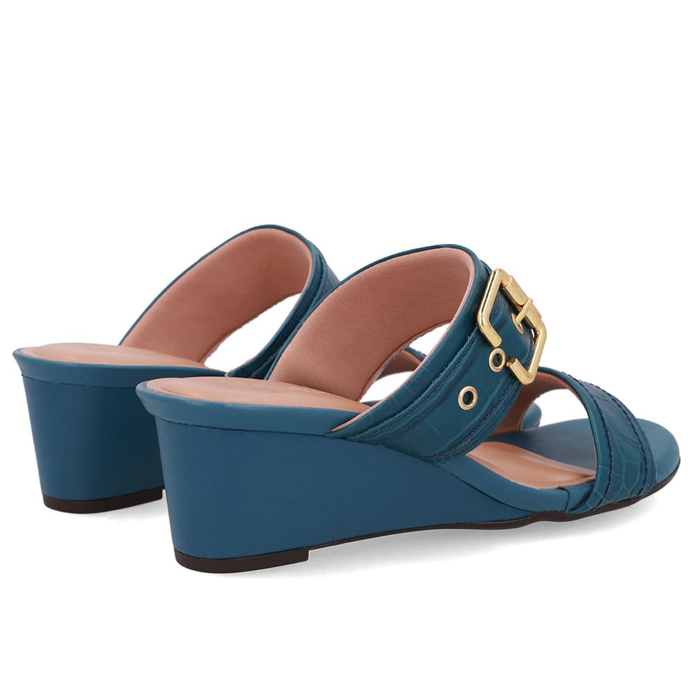Tamanco Salto Anabela Couro Croco Azul Fivela Azul 3