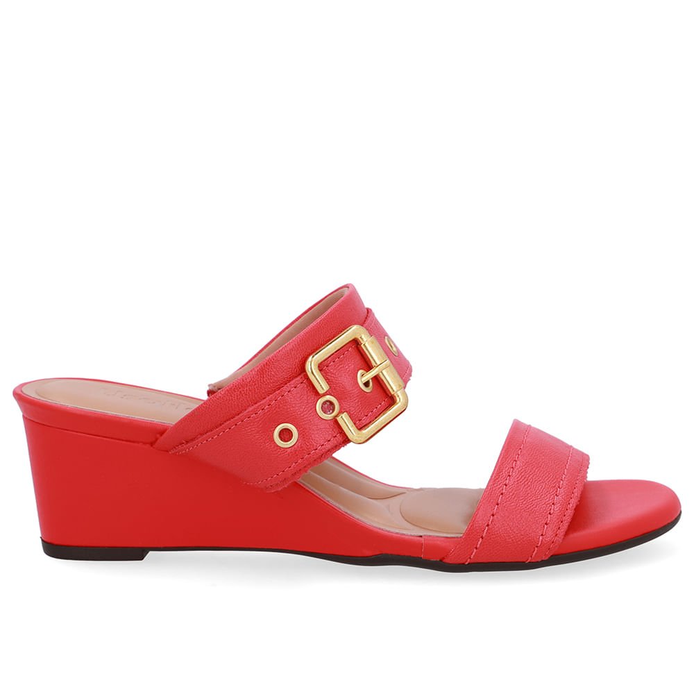 Tamanco Salto Anabela Couro Vermelho Fivela