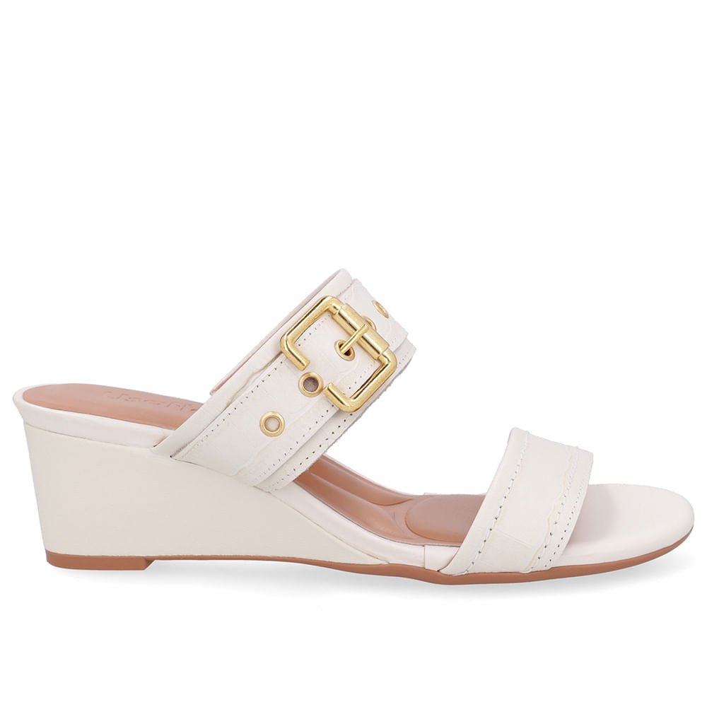 Tamanco Salto Anabela Couro Croco Branco Marfim Fivela