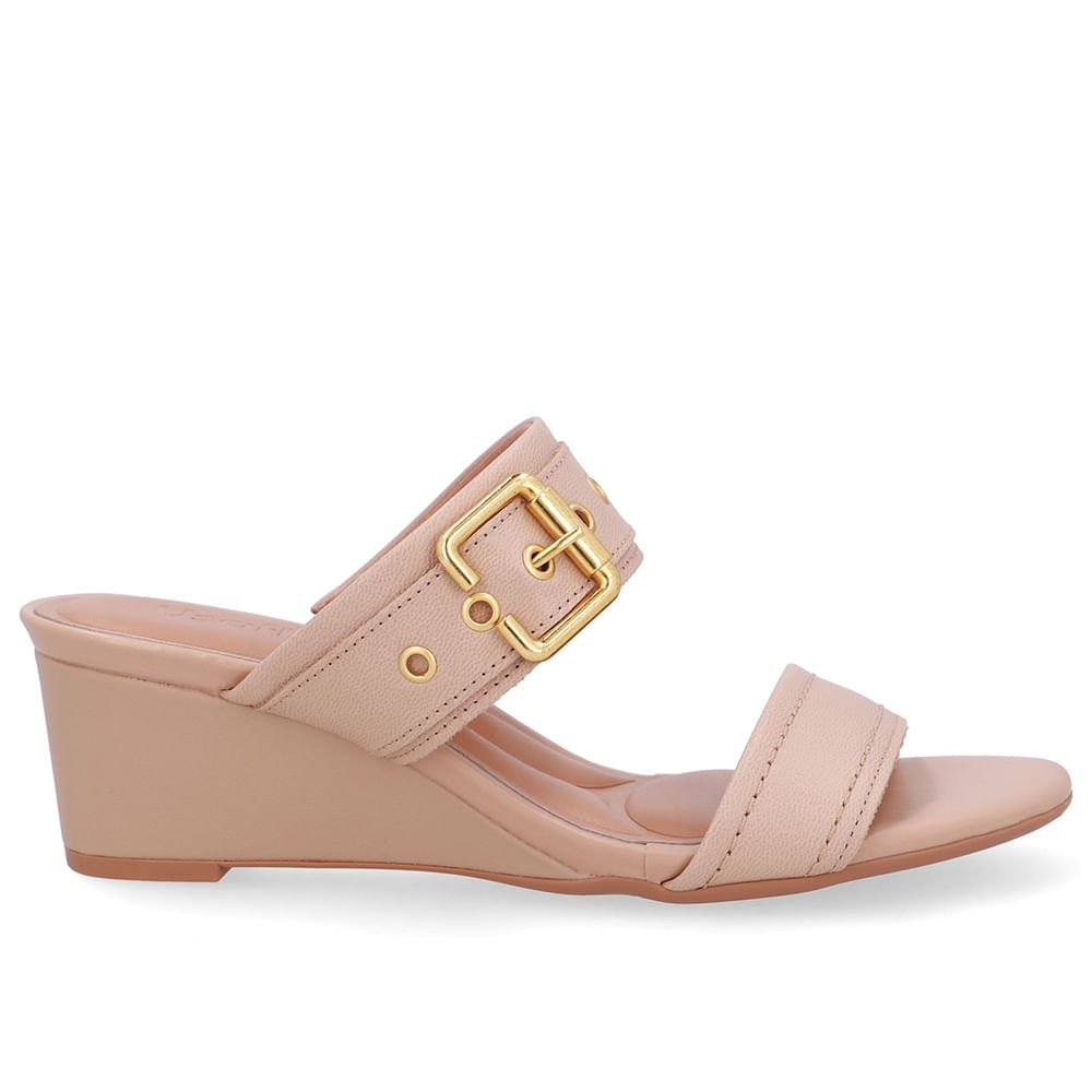 Tamanco Salto Anabela Couro Bege Fivela