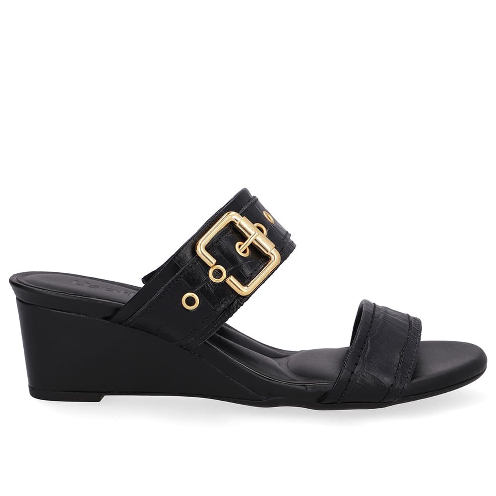 Tamanco Salto Anabela Couro Preto Fivela