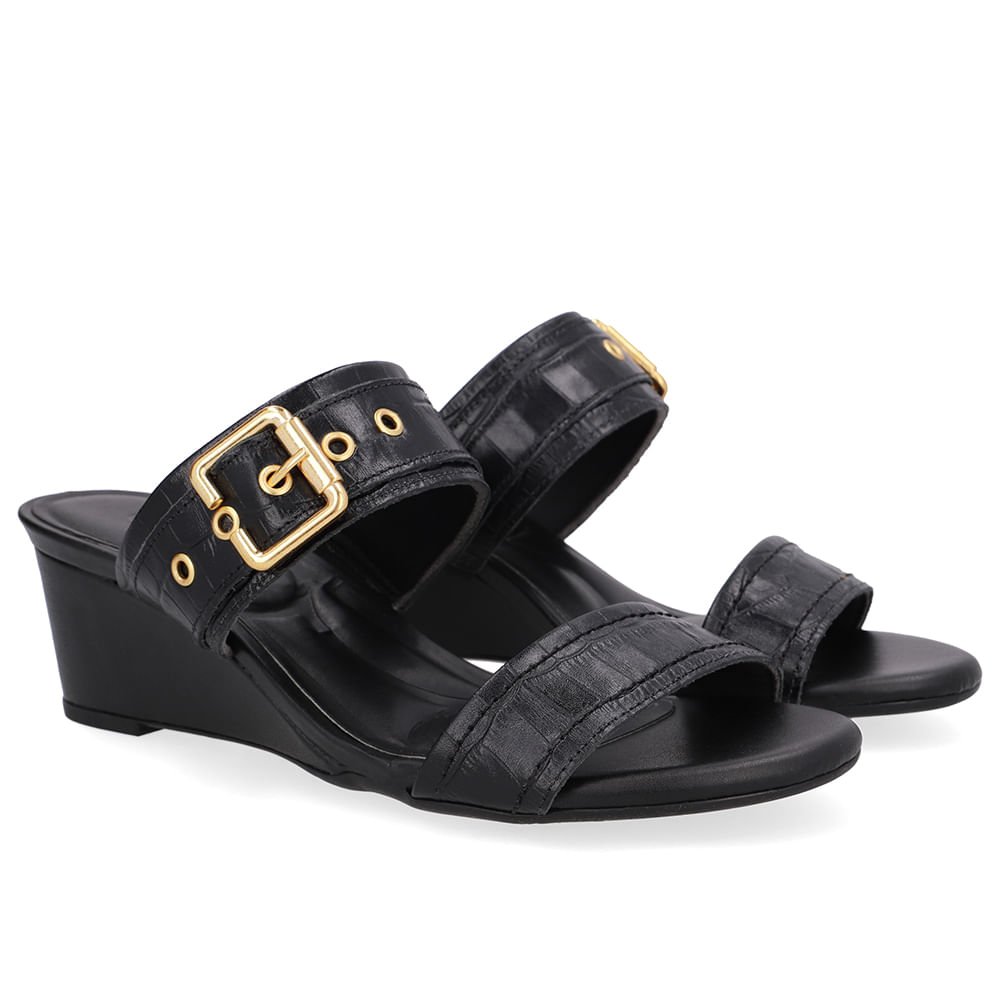 Tamanco Salto Anabela Couro Preto Fivela Preto 2