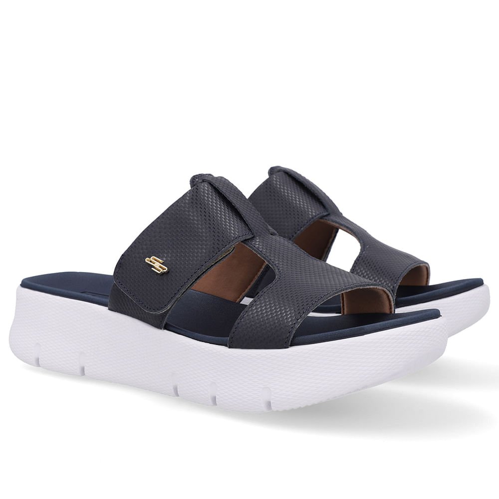 Tamanco Salto Plataforma Couro Azul Fecho-Flex Preto 2