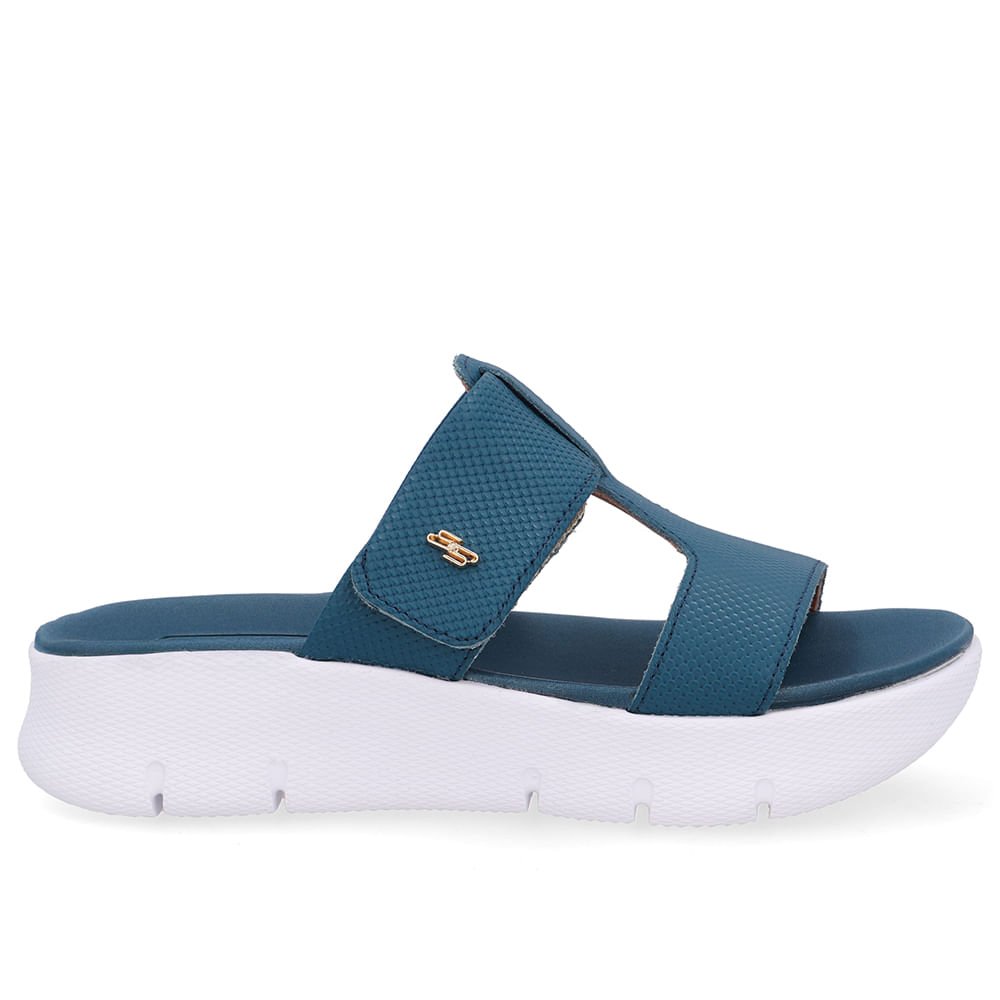 Tamanco Salto Plataforma Couro Azul Fecho-Flex