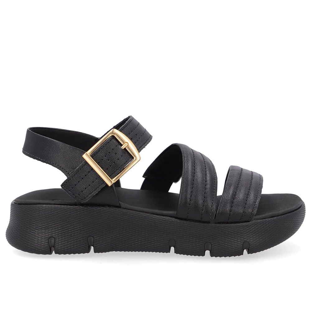 Sandália Tiras Couro Preta Linha Enfeite