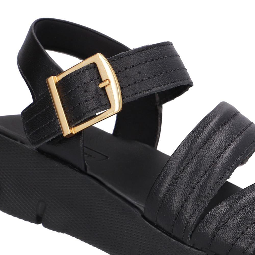 Sandália Tiras Couro Preta Linha Enfeite Preto 4