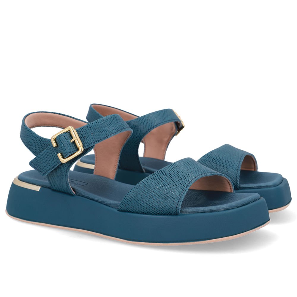 Sandália Couro Azul Detalhe Dourado Azul/Dourado 2