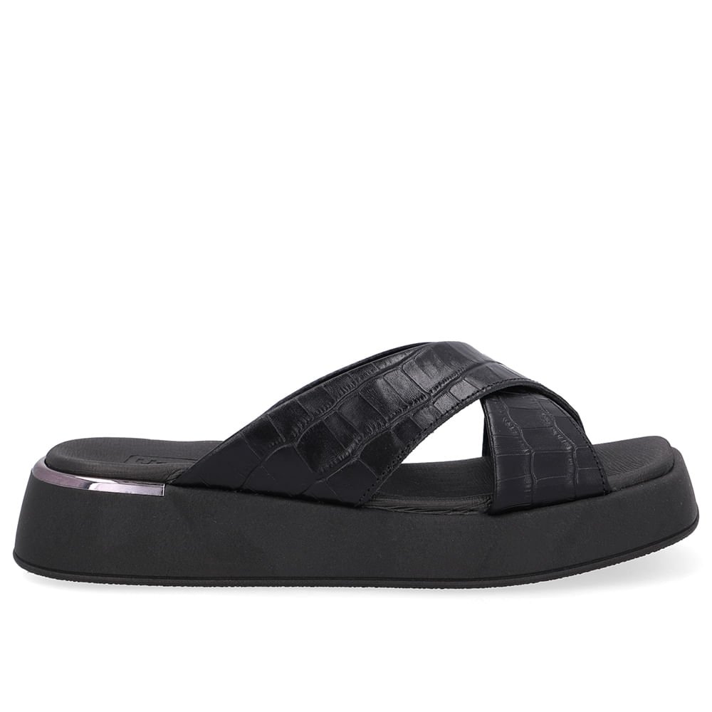 Tamanco Couro Croco Preto Tira Cruzada
