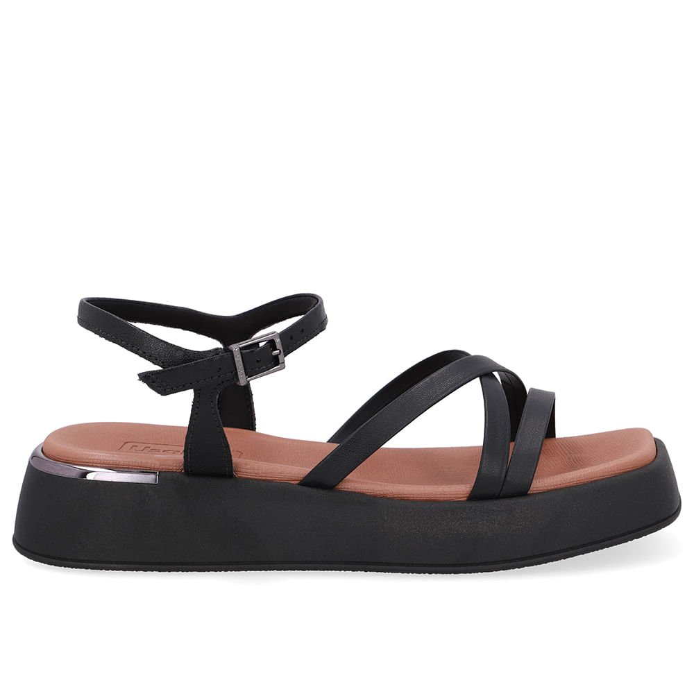 Sandália Salto Baixo Couro Preta Tiras