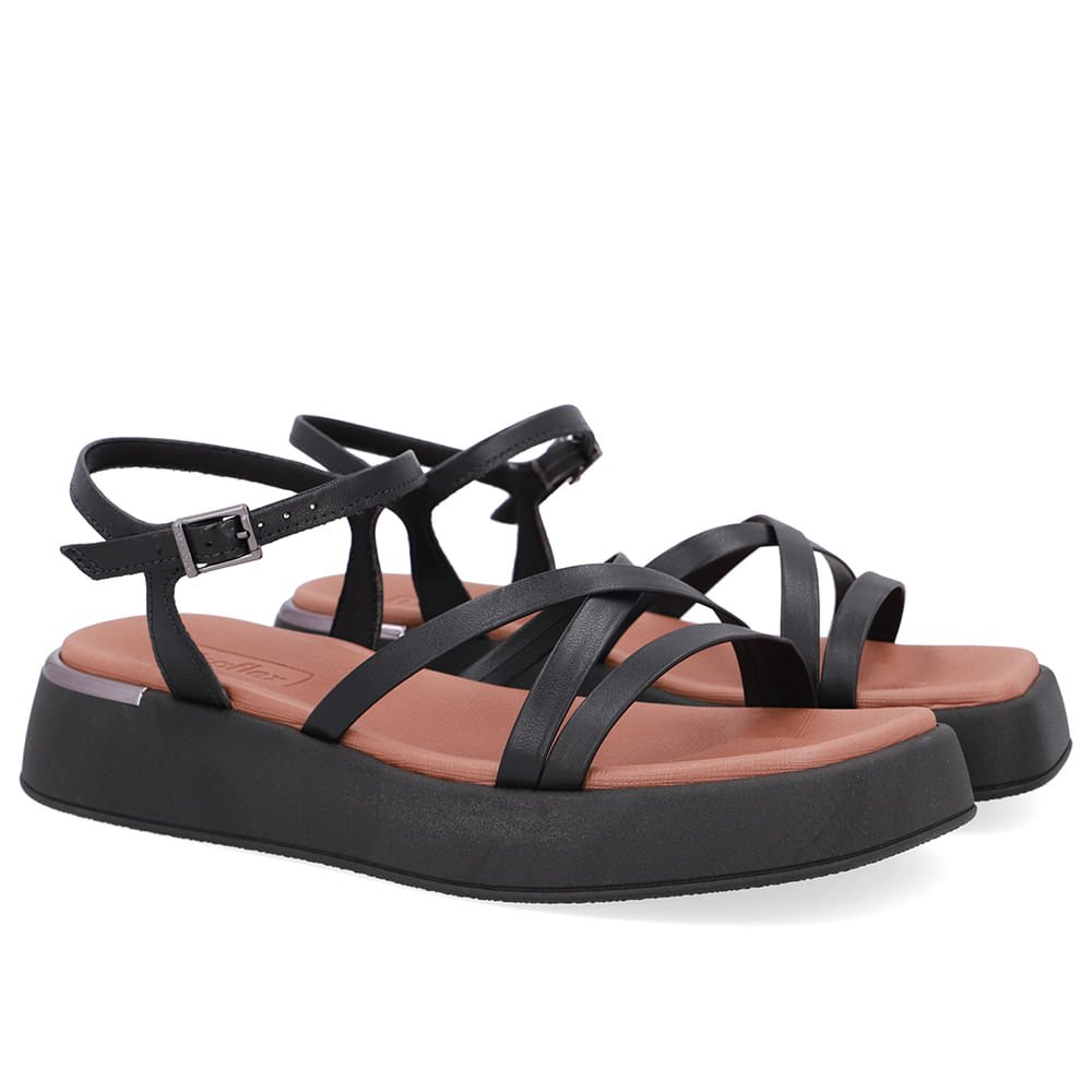 Sandália Salto Baixo Couro Preta Tiras Preto 2