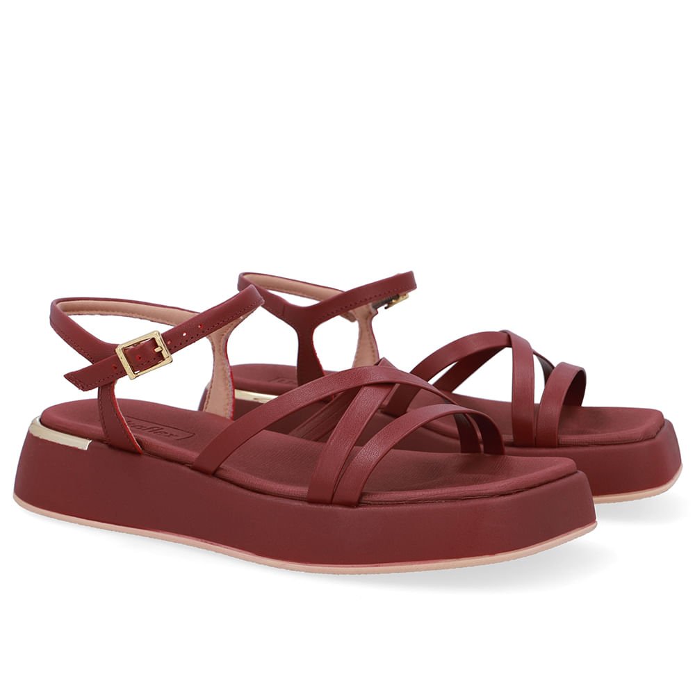 Sandália Salto Baixo Couro Vermelha Tiras Vermelho 2