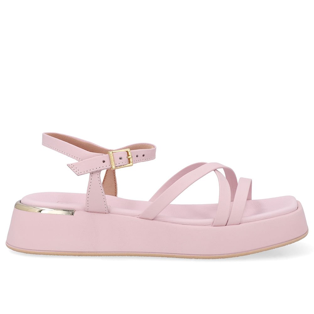 Sandália Salto Baixo Couro Rosa Tiras
