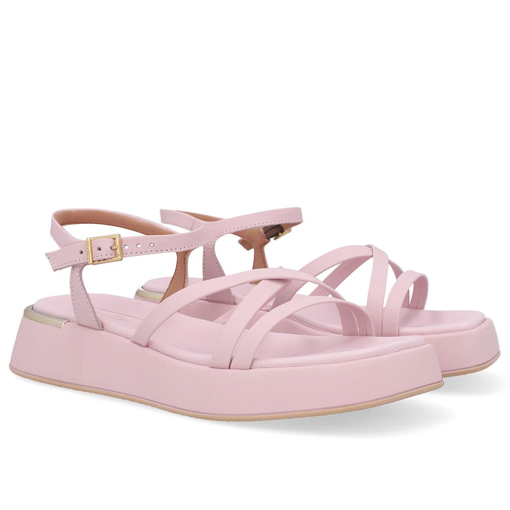 Sandália Salto Baixo Couro Rosa Tiras Rosa 2