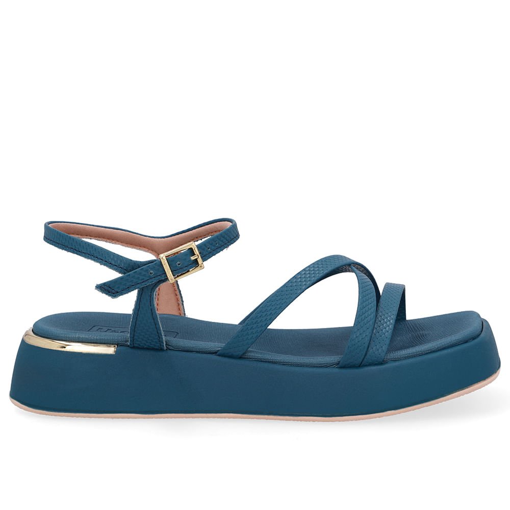 Sandália Salto Baixo Couro Azul Tiras