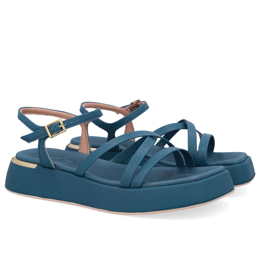 Sandália Salto Baixo Couro Azul Tiras Azul 2