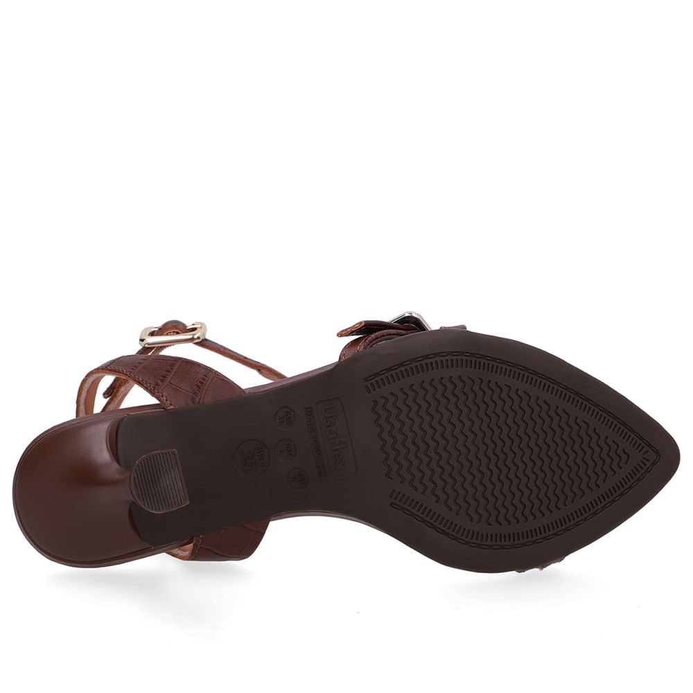 Sandália Salto Fino Couro Marrom Pinhão Bico Folha Pinhão 5